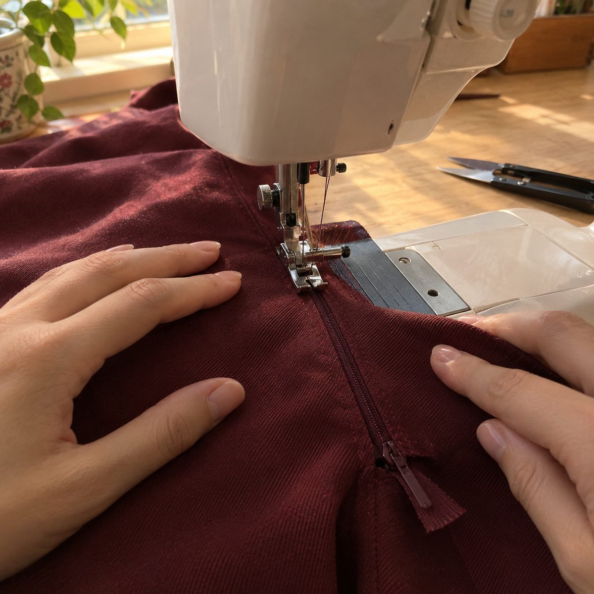 Closing the seam below the invisible zipper with a regular zipper foot