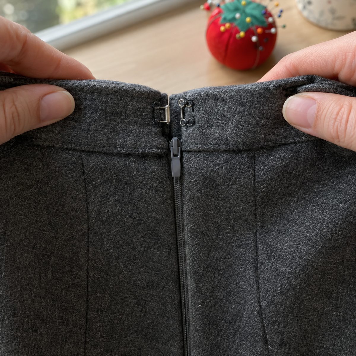 Invisible zipper pull reaching the top of a waistband with a hook and eye above it