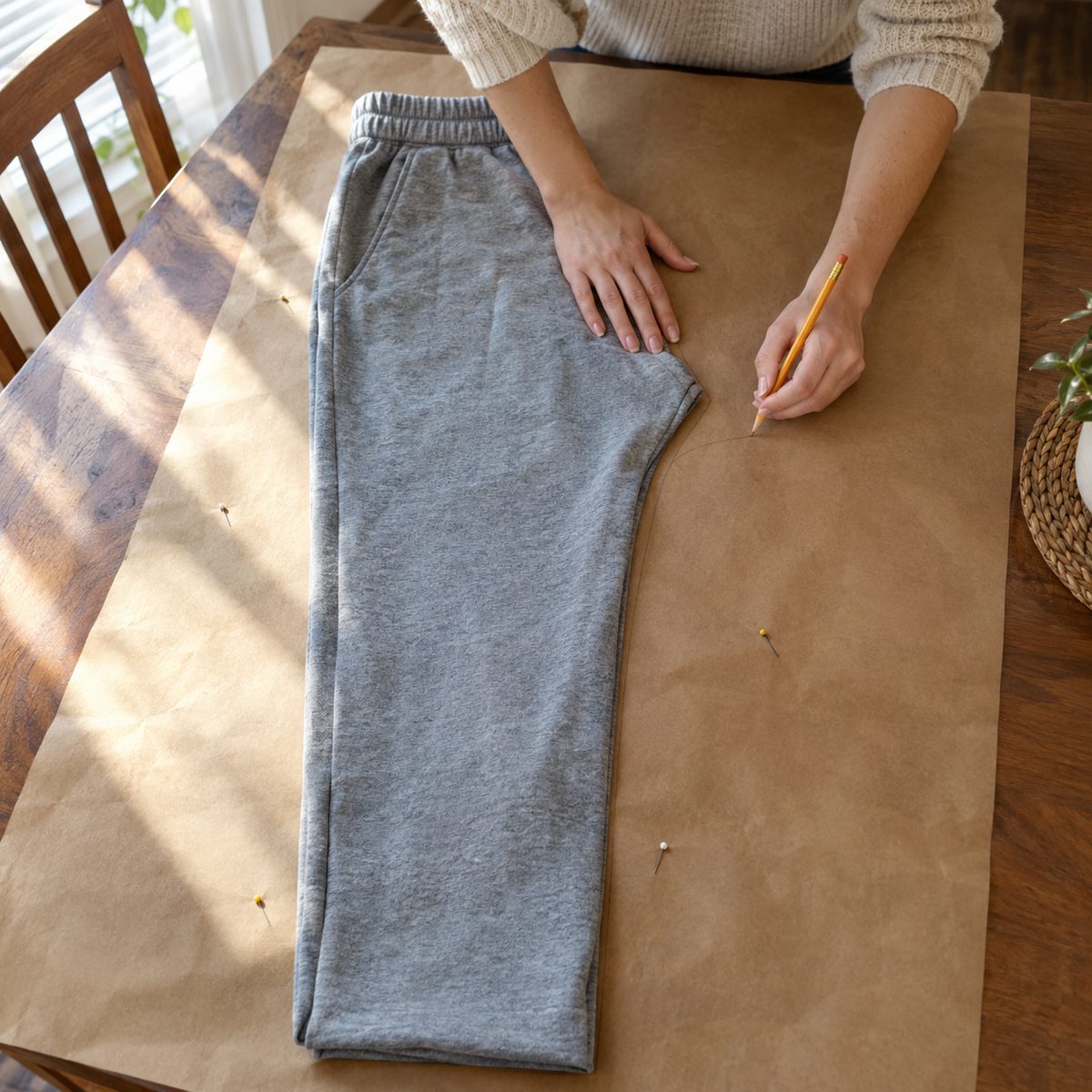 Tracing the front crotch curve of folded pants onto pattern paper
