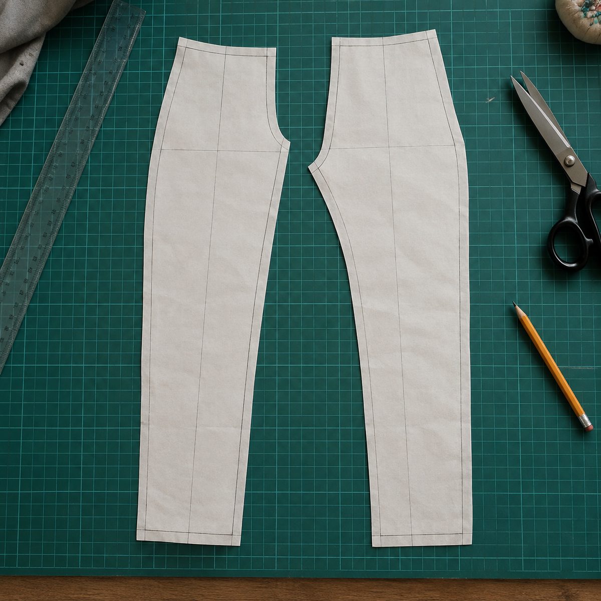 Front and back pajama pant pattern pieces with seam allowances added