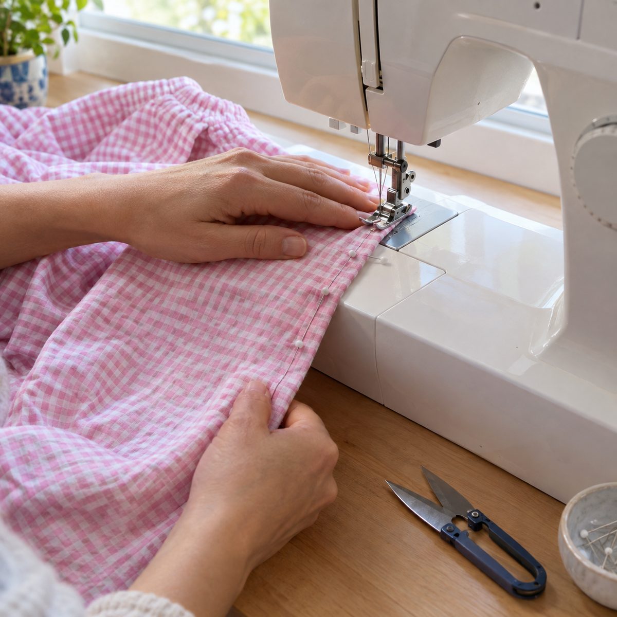 Sewing the inseam of a pajama pant leg on a sewing machine