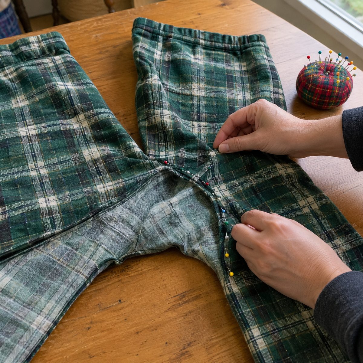 One pajama leg placed inside the other to pin the crotch seam
