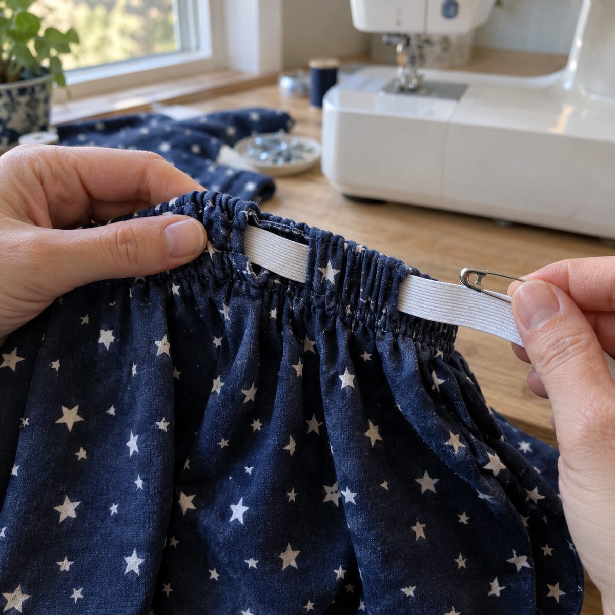 Threading elastic through the waistband casing with a safety pin