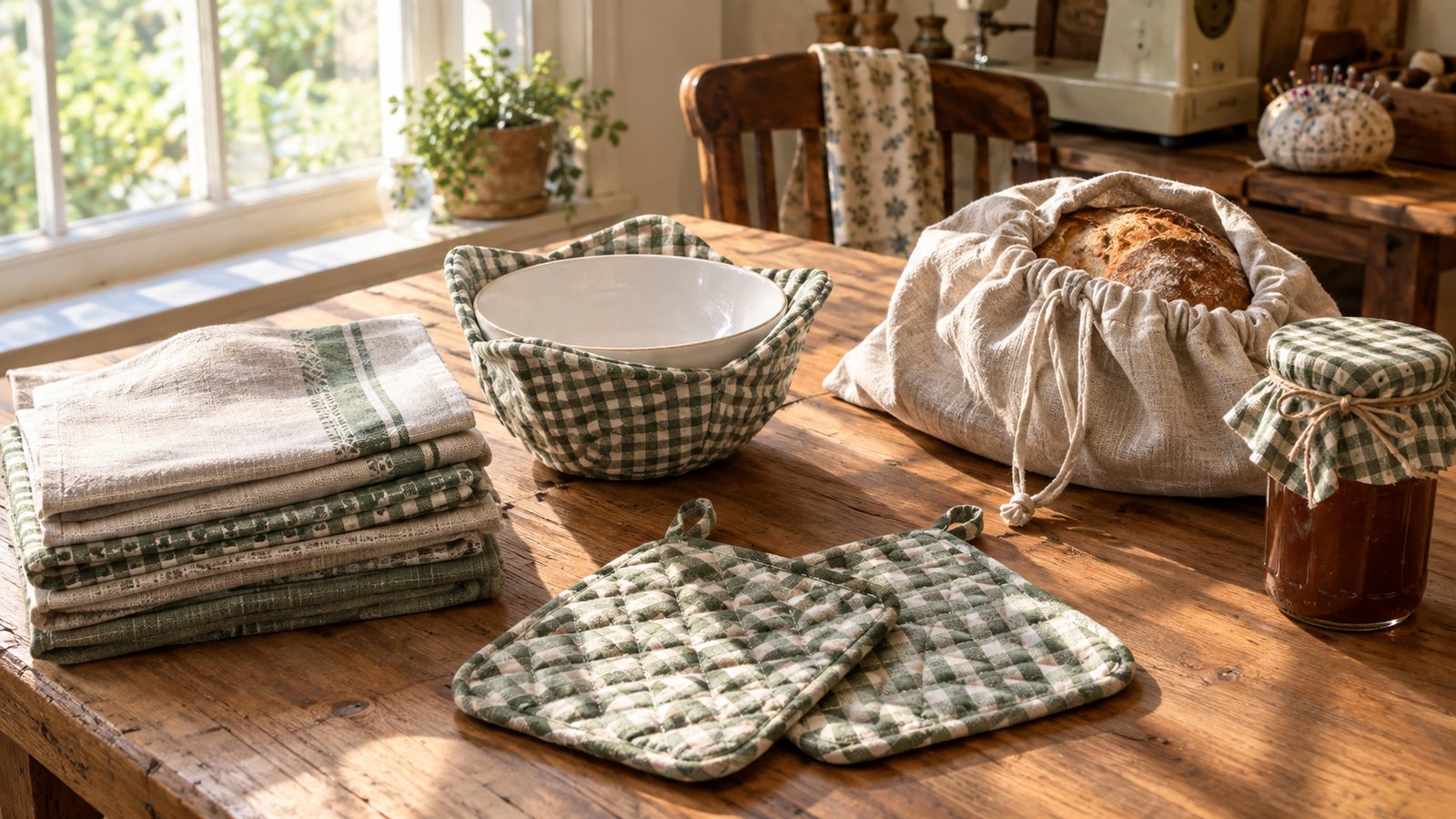Handmade kitchen sewing projects including napkins, potholders, a bowl cozy, and a bread bag