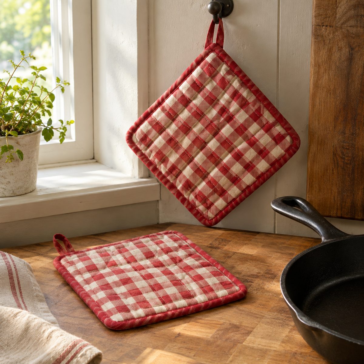 Two quilted gingham potholders with bound edges on a kitchen counter
