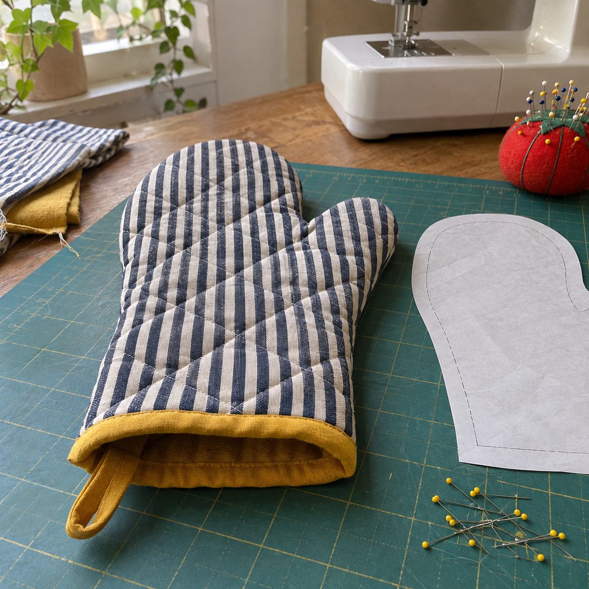 Handmade striped quilted oven mitt with a yellow bound cuff on a cutting mat