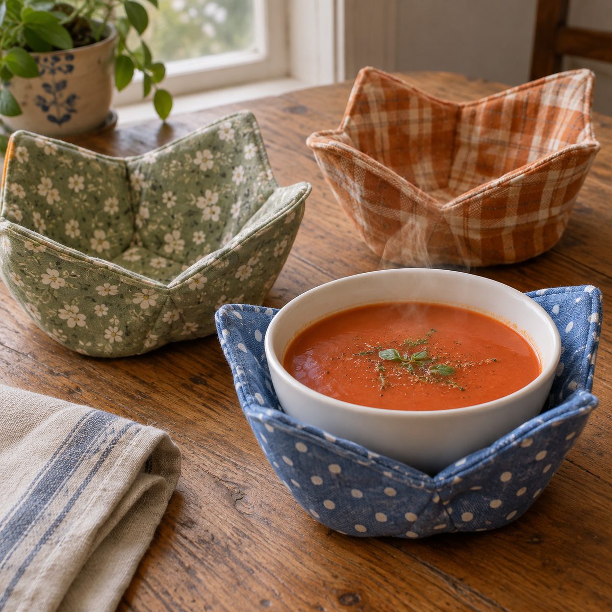 Three cotton microwave bowl cozies, one holding a bowl of soup