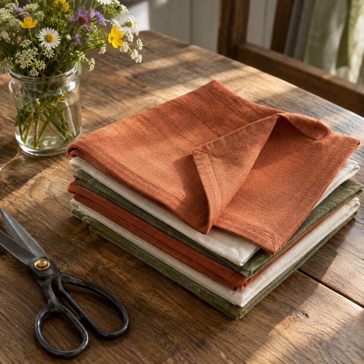 Stack of handmade linen cloth napkins with mitered corners