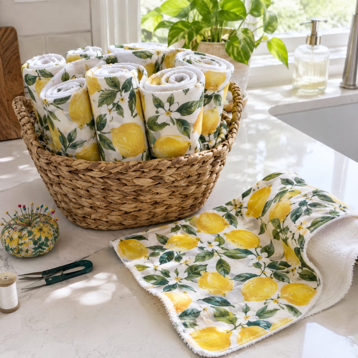Basket of rolled reusable unpaper towels on a kitchen counter