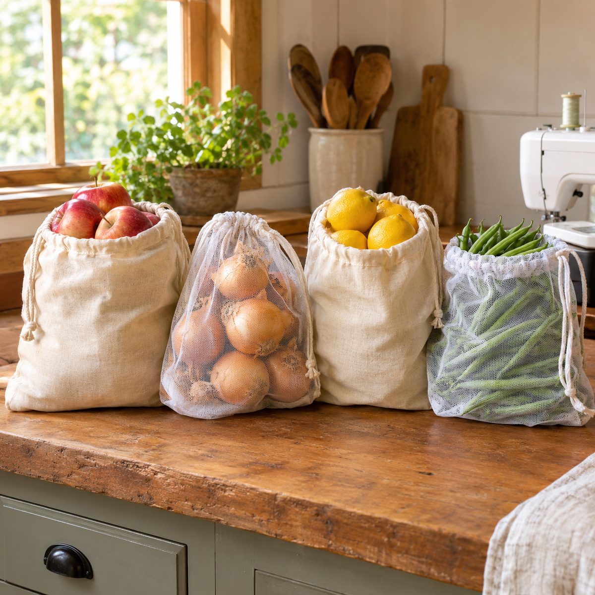 Handmade muslin and mesh produce bags filled with fruits and vegetables