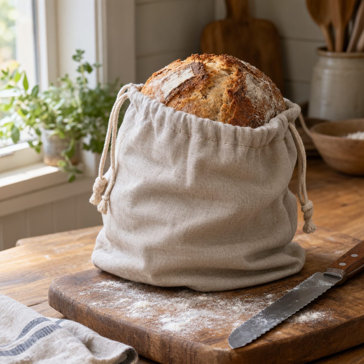 Linen drawstring bread bag holding a sourdough loaf