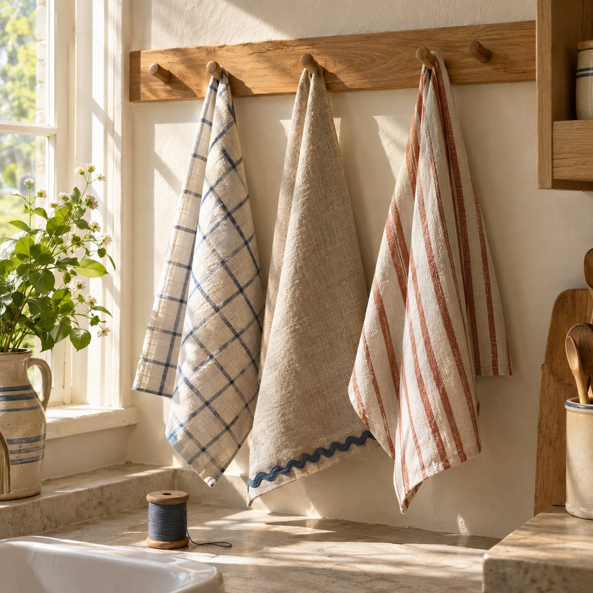 Three handmade linen tea towels hanging from a wooden peg rail