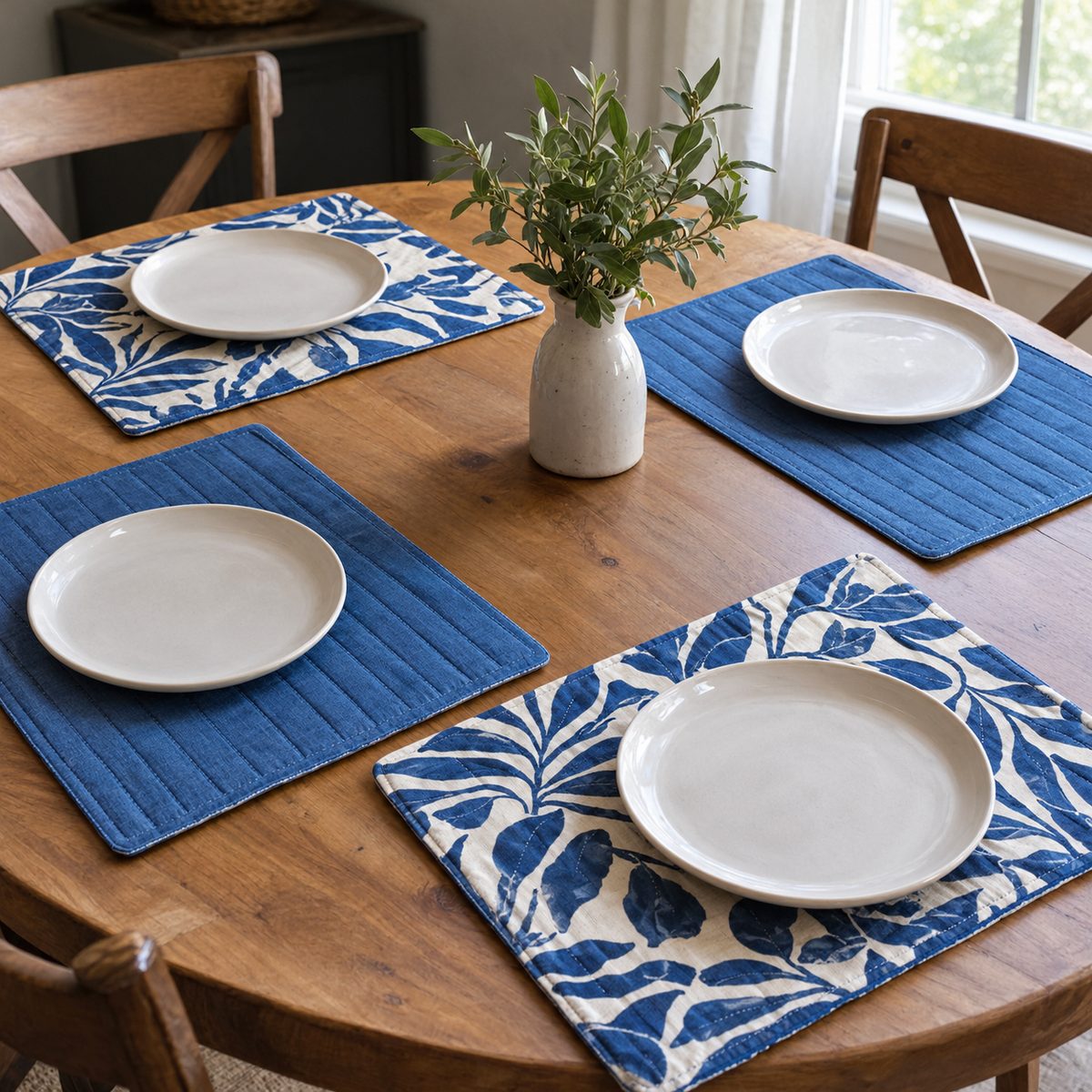 Reversible quilted placemats in blue botanical print on a dining table
