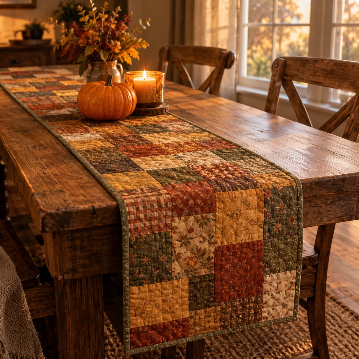 Patchwork table runner in autumn colors on a farmhouse table