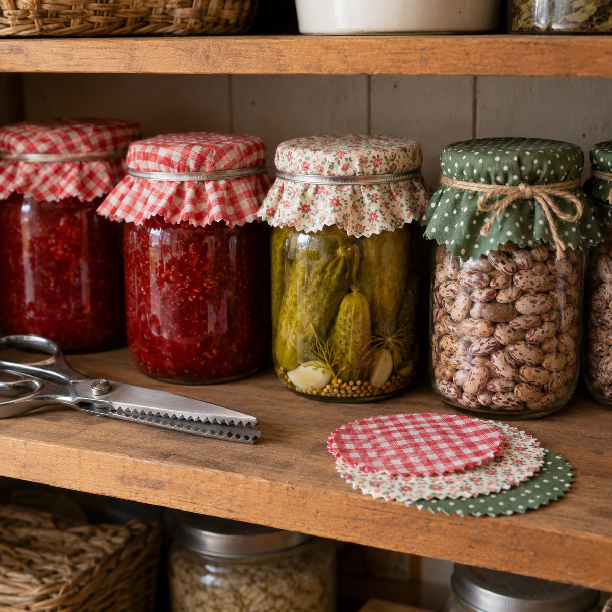 Mason jars topped with fabric jar covers on a pantry shelf