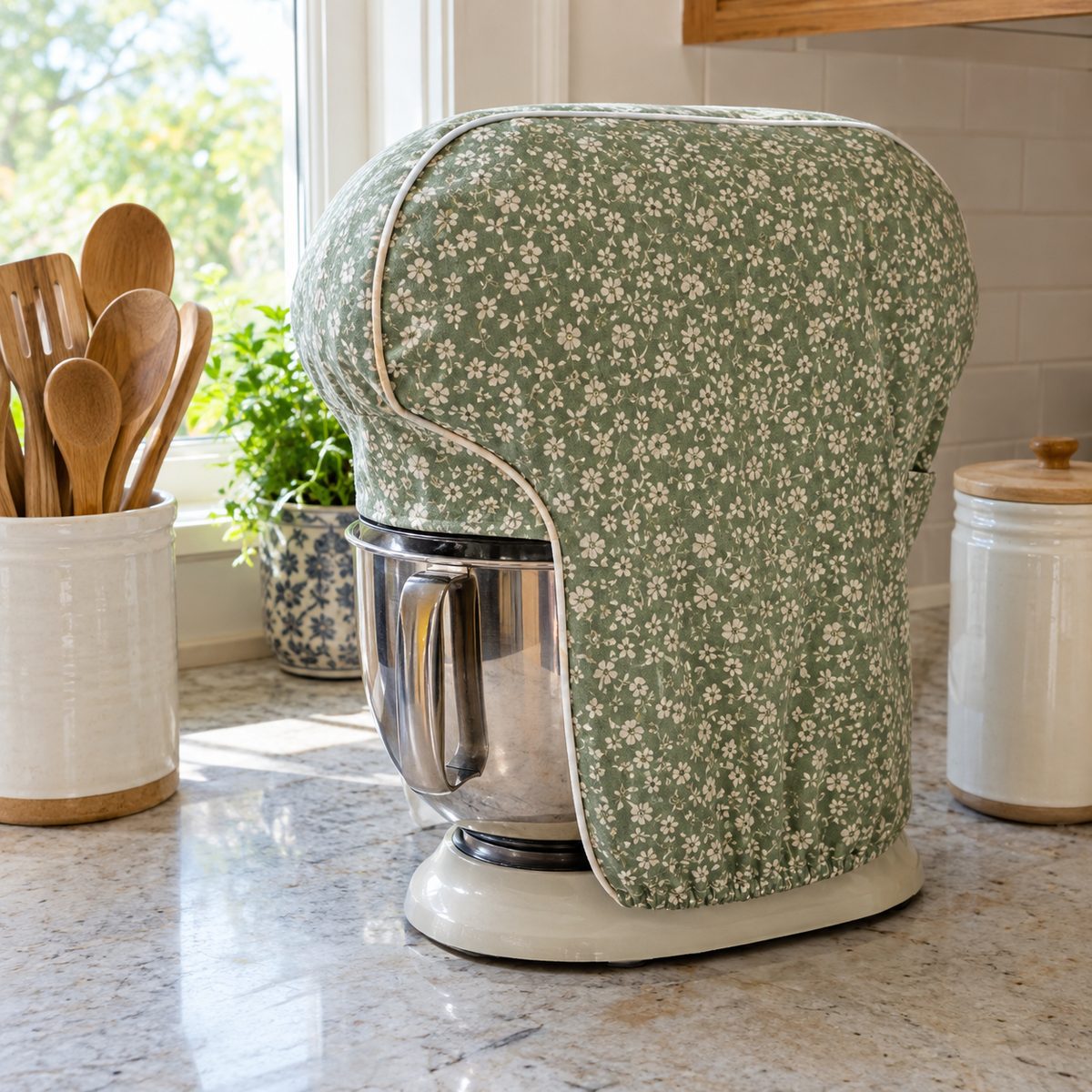 Fitted floral fabric cover on a stand mixer
