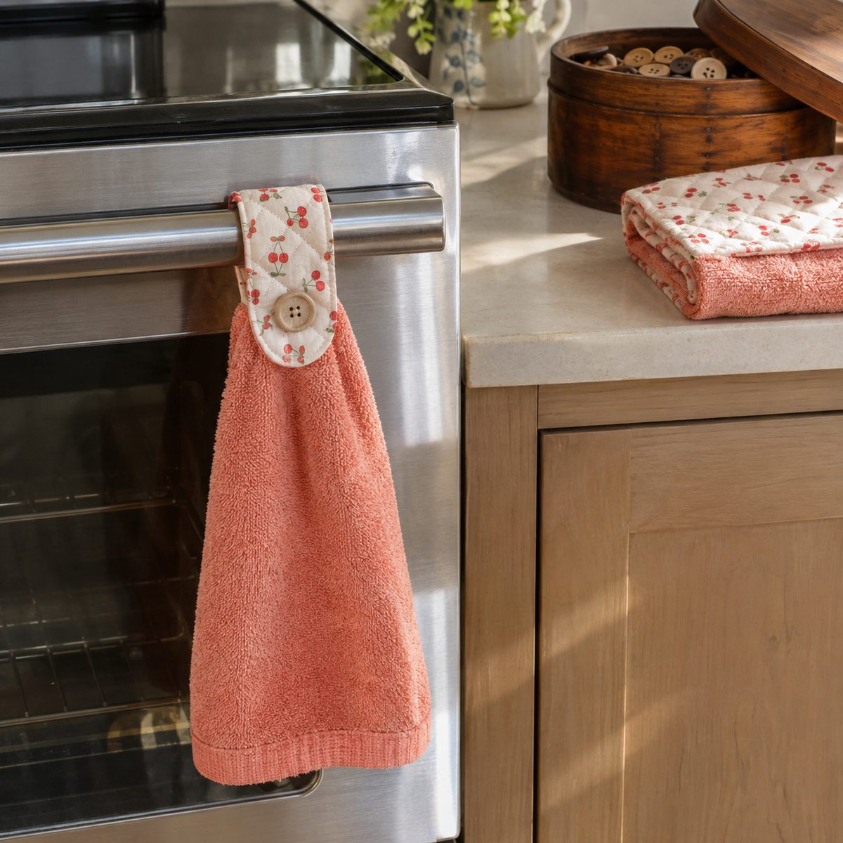 Hanging kitchen towel with a buttoned fabric tab on an oven handle