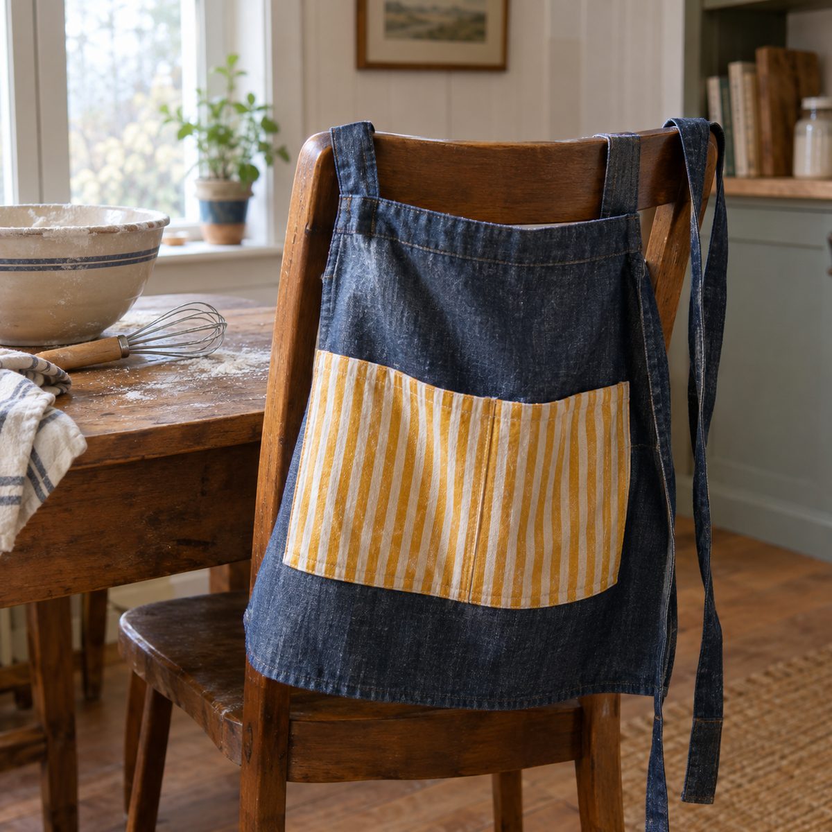 Denim half apron with a striped divided pocket on a kitchen chair