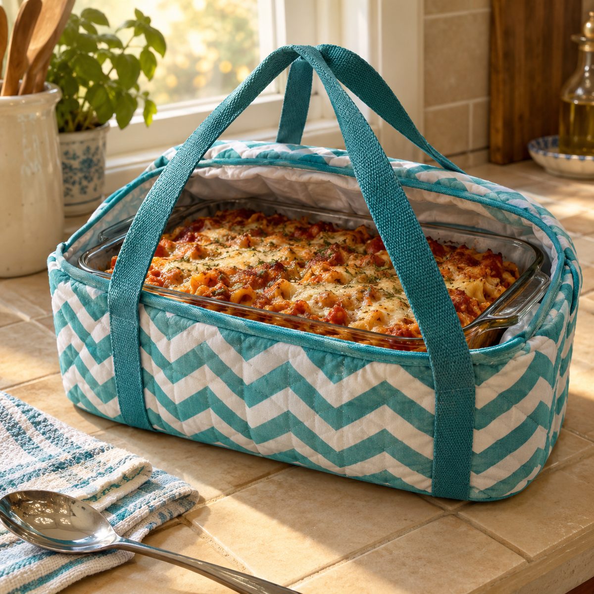 Quilted casserole carrier with webbing handles holding a baking dish