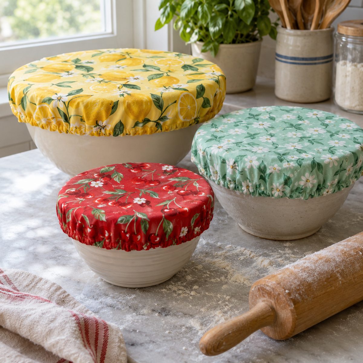 Reusable elastic fabric bowl covers on three mixing bowls