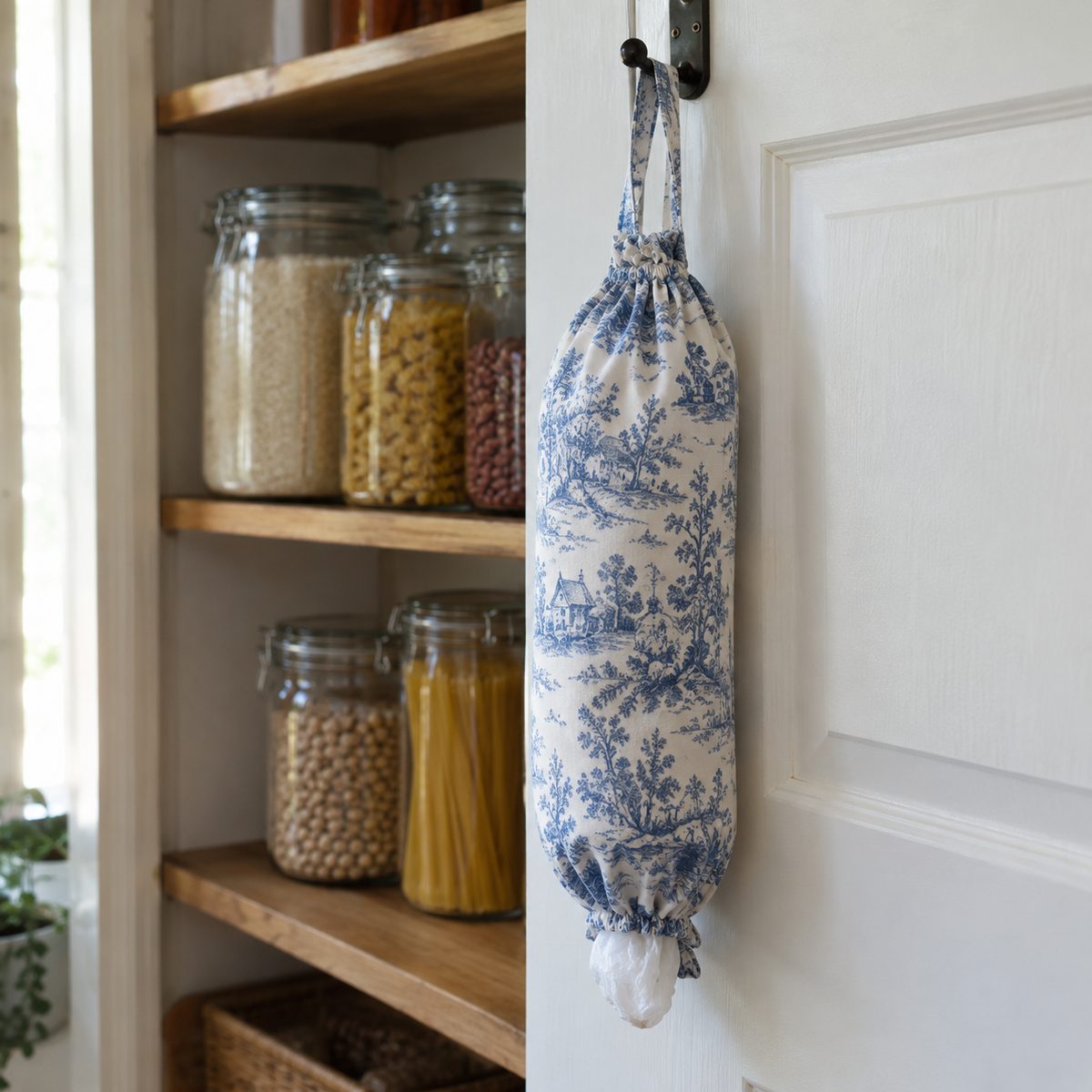 Fabric grocery bag holder hanging inside a pantry door