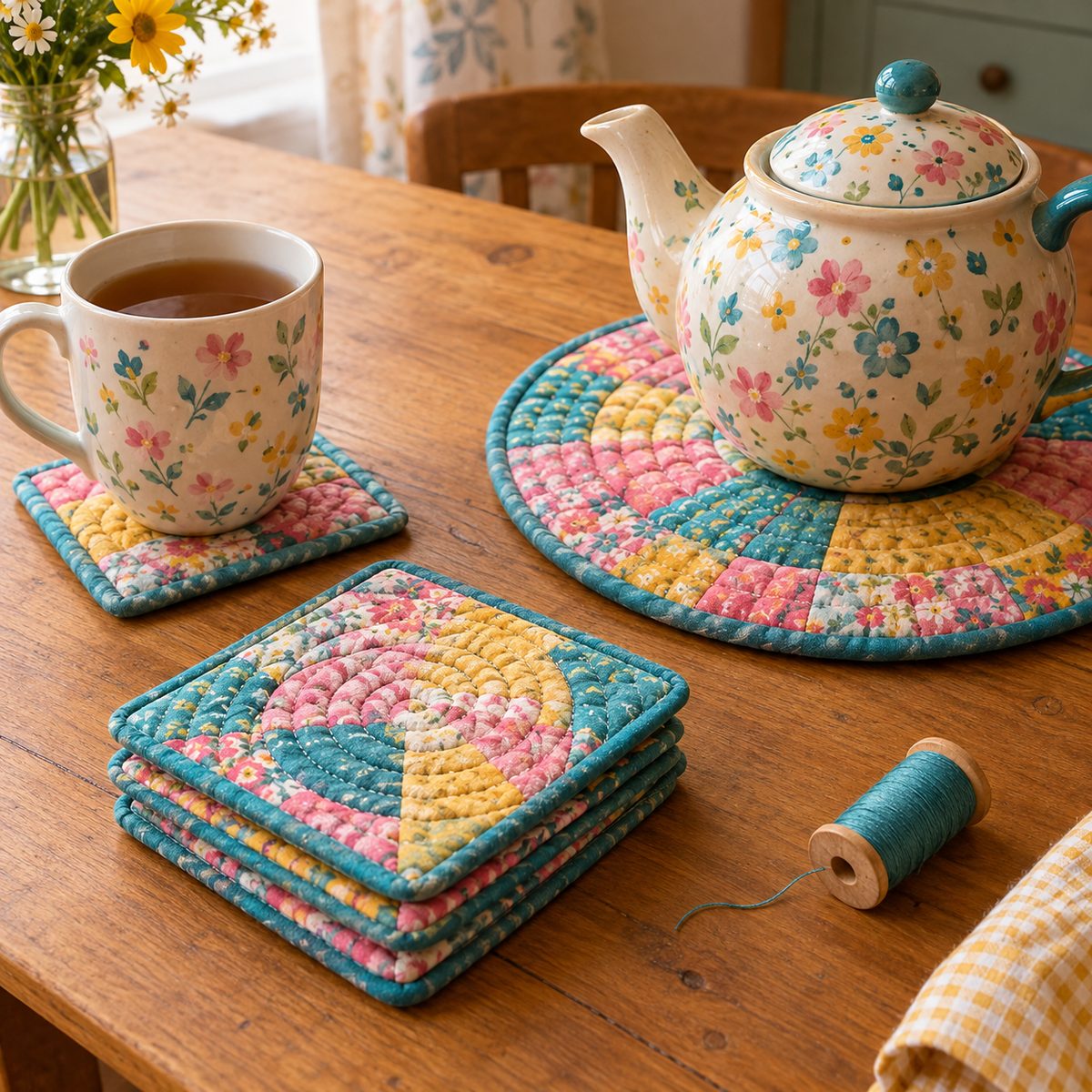 Patchwork fabric coasters and quilted trivet under a teapot