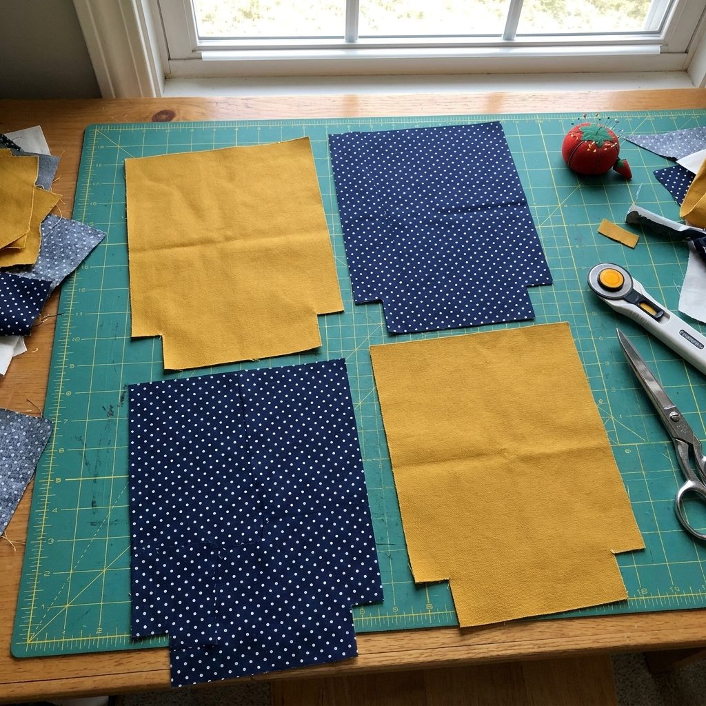Outer and lining tote panels with 2-inch squares cut from the bottom corners