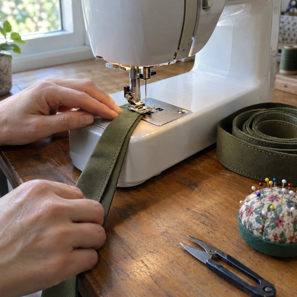 Edgestitching a four-fold tote strap on a sewing machine