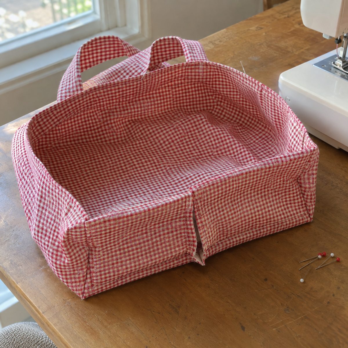 Tote bag lining with boxed corners and a turning gap left in the bottom seam