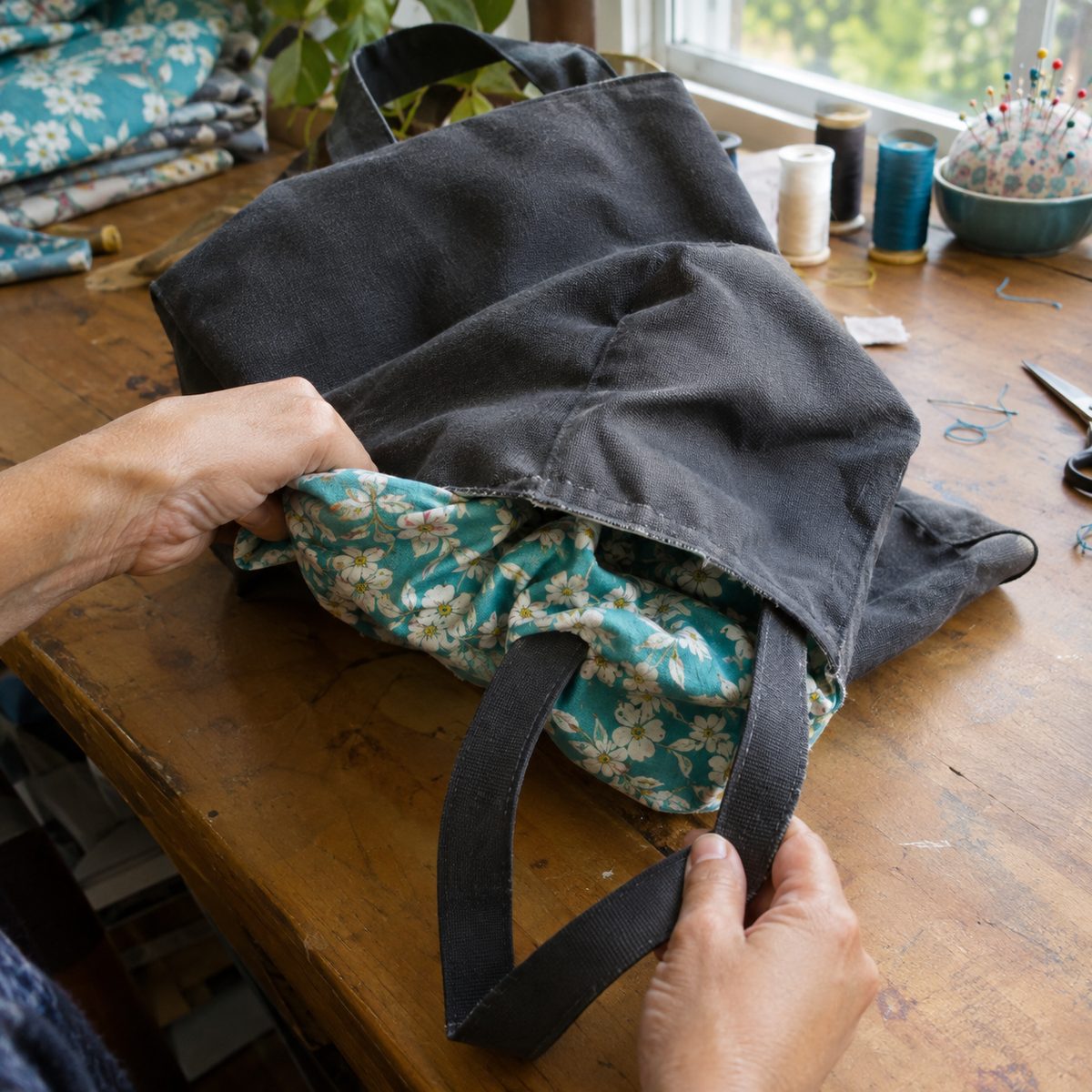 Turning the tote right side out through the gap in the lining