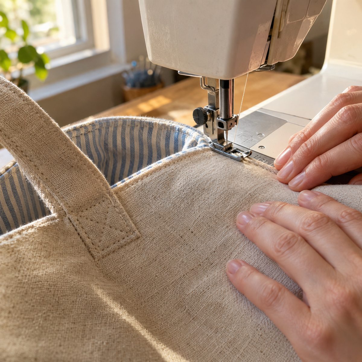 Topstitching around the top edge of the finished tote bag
