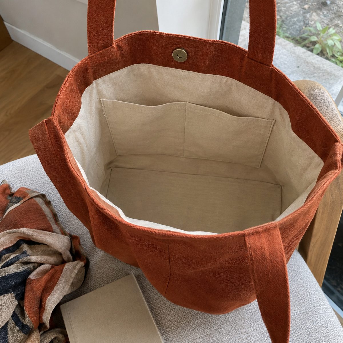 Inside of a lined tote showing a divided slip pocket and a magnetic snap