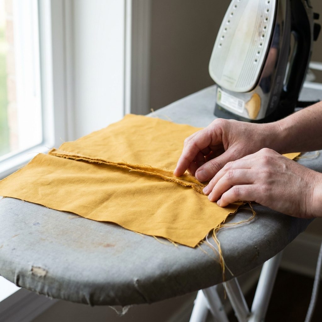 Hands finger pressing a seam open on yellow cotton fabric before pressing with the iron