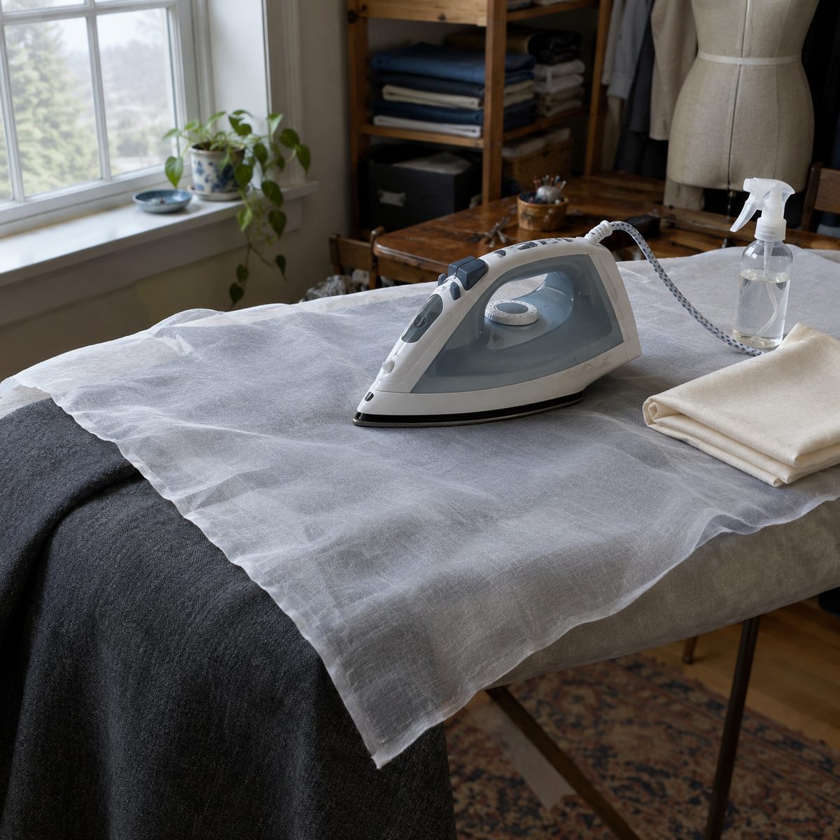 Silk organza press cloth laid over gray wool fabric under a steam iron