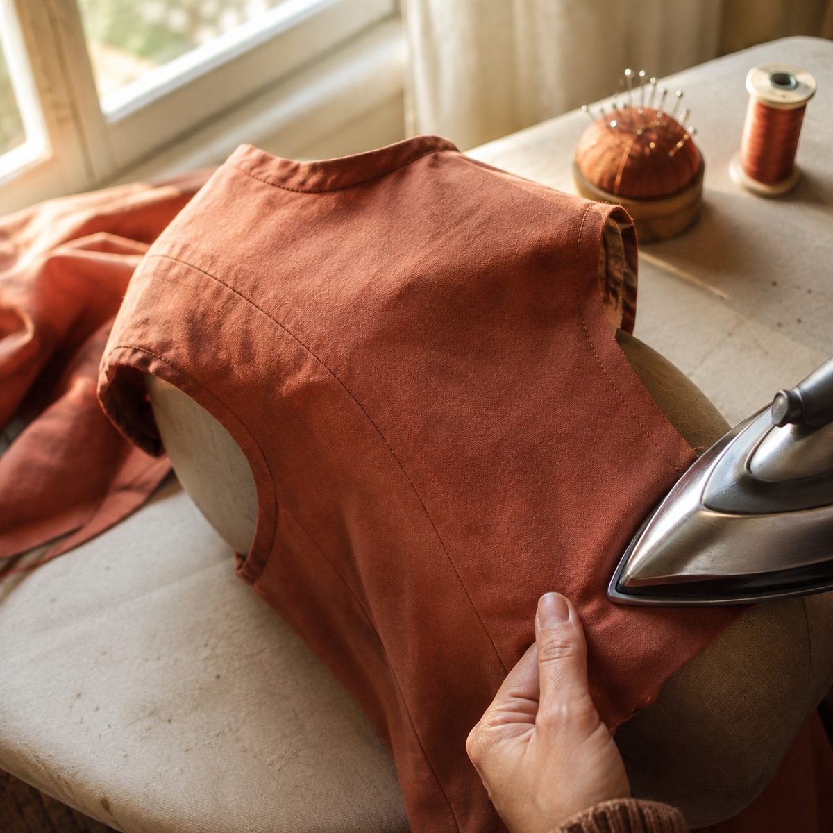 Curved bodice seam draped over a tailor's ham while the tip of an iron presses it