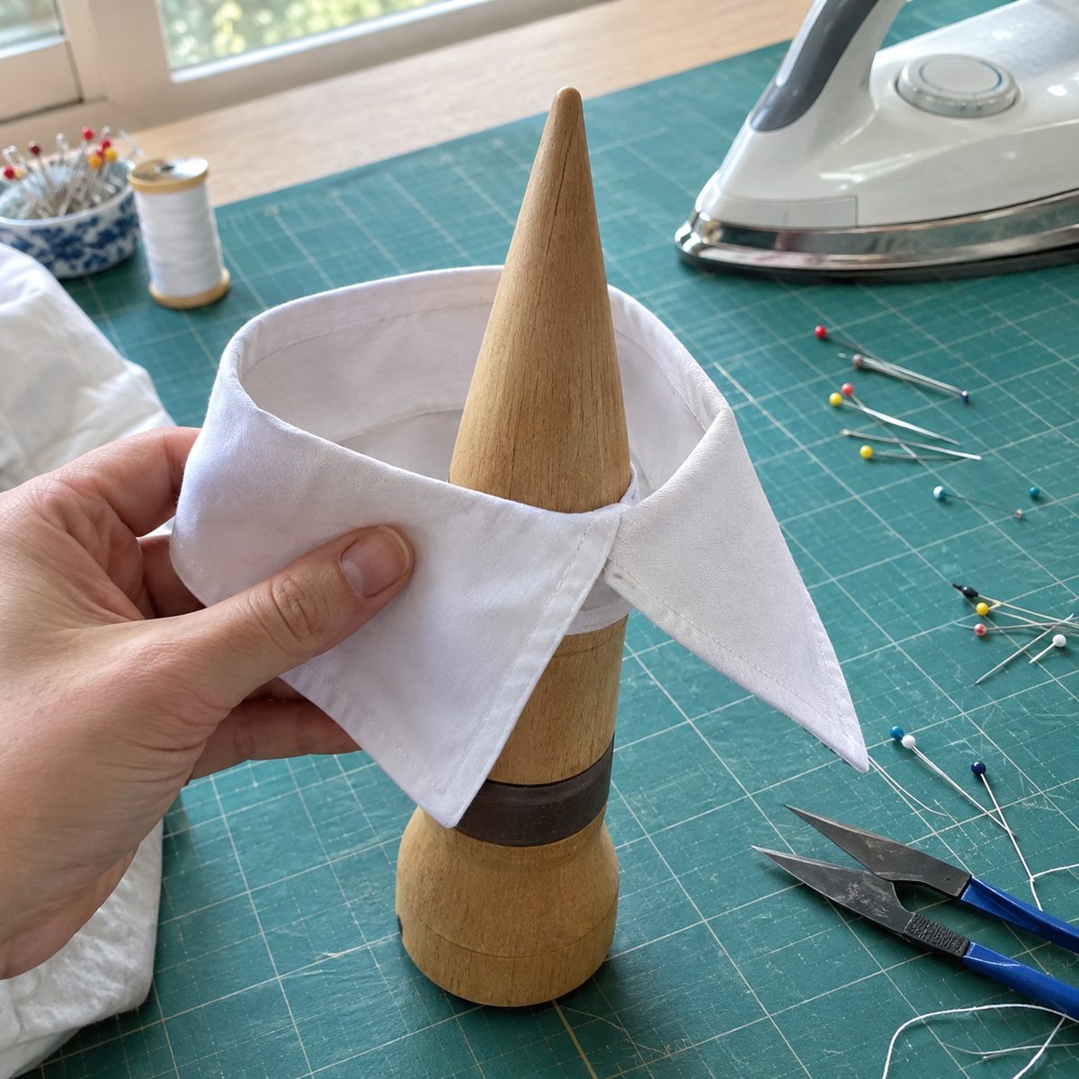 Shirt collar point placed over a wooden point presser to press the seam open before turning