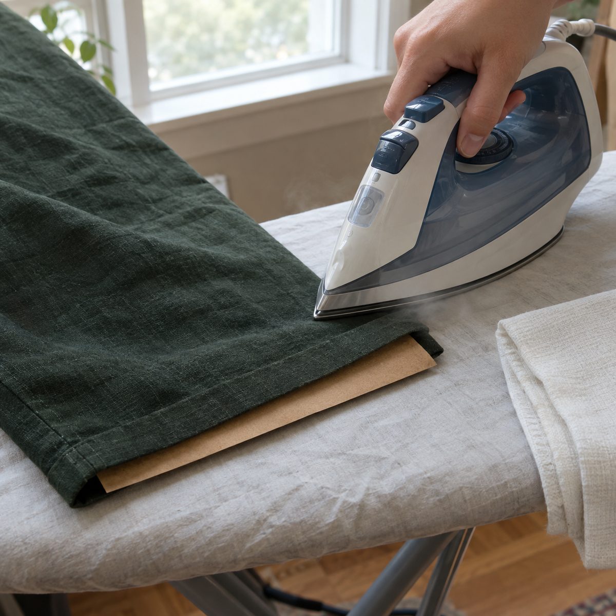 Paper strip tucked under a trouser hem allowance to prevent an imprint while pressing