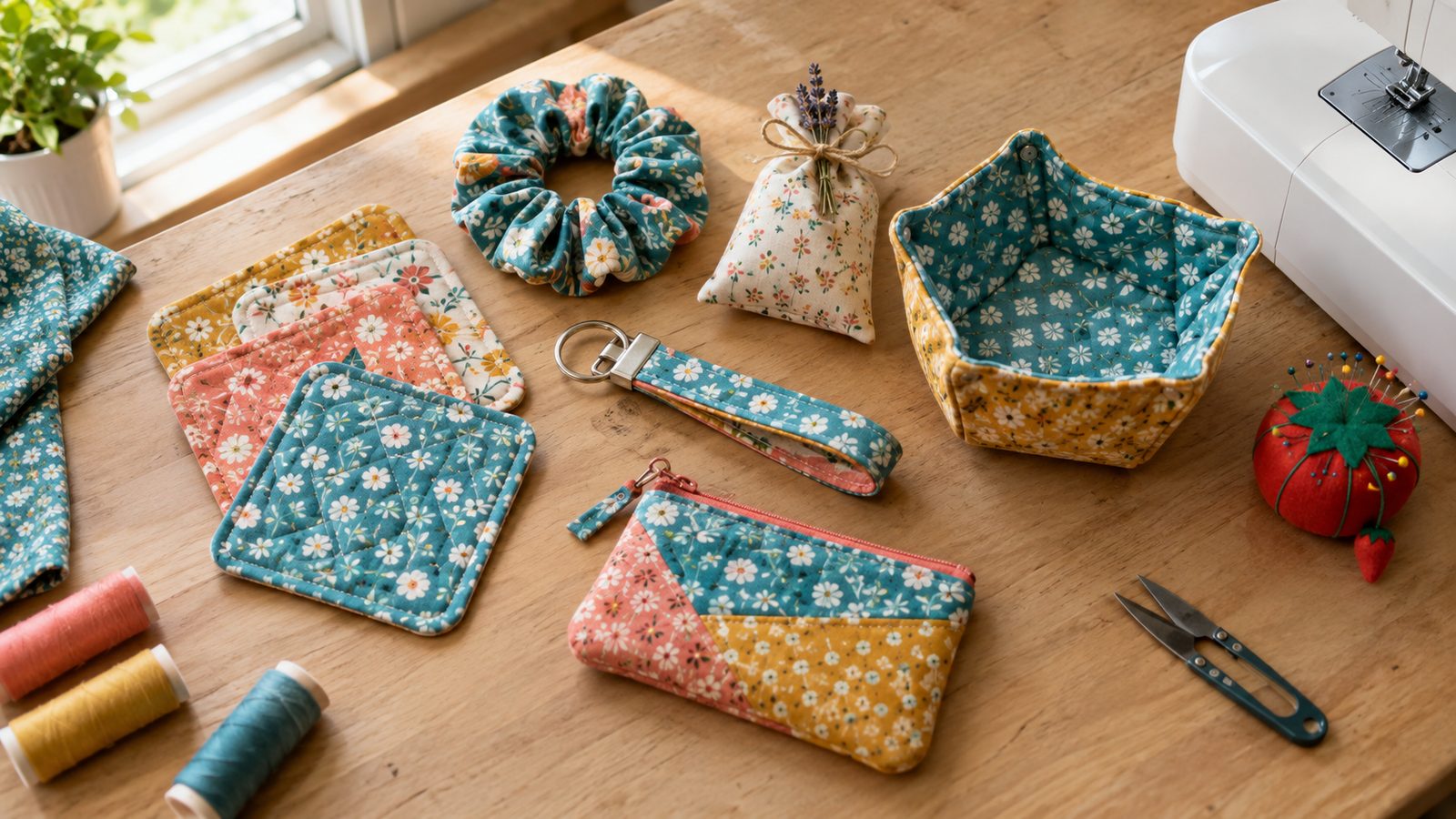 Collection of quick handmade sewing projects on a sewing table