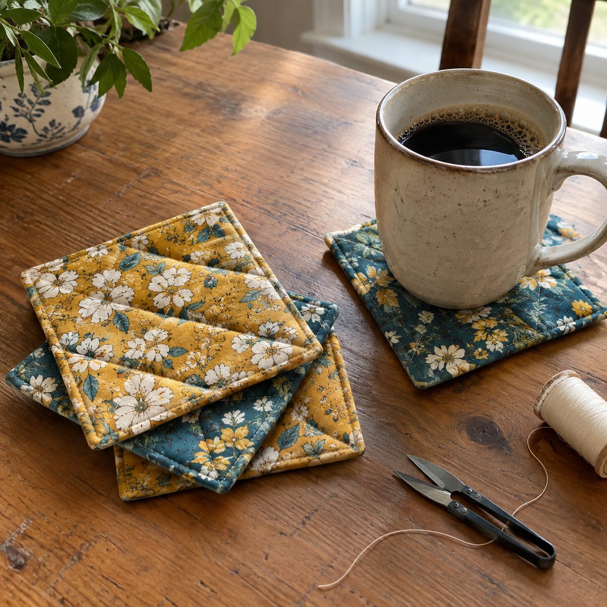 Four quilted fabric coasters in teal and mustard prints with a coffee mug