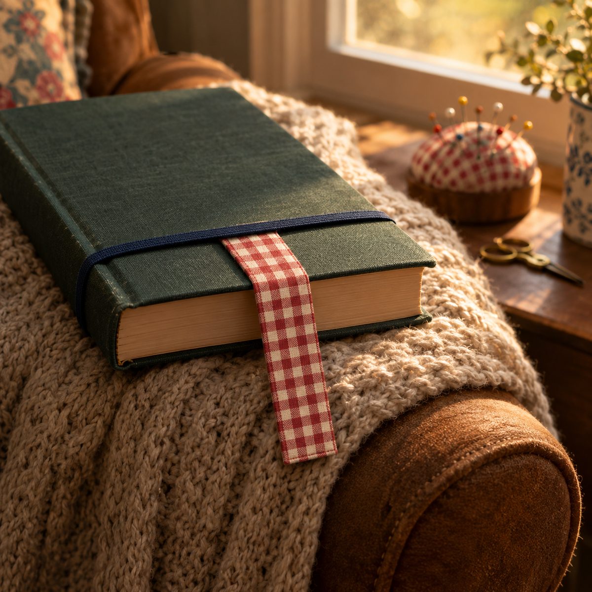 Gingham fabric bookmark with an elastic loop wrapped around a hardback book