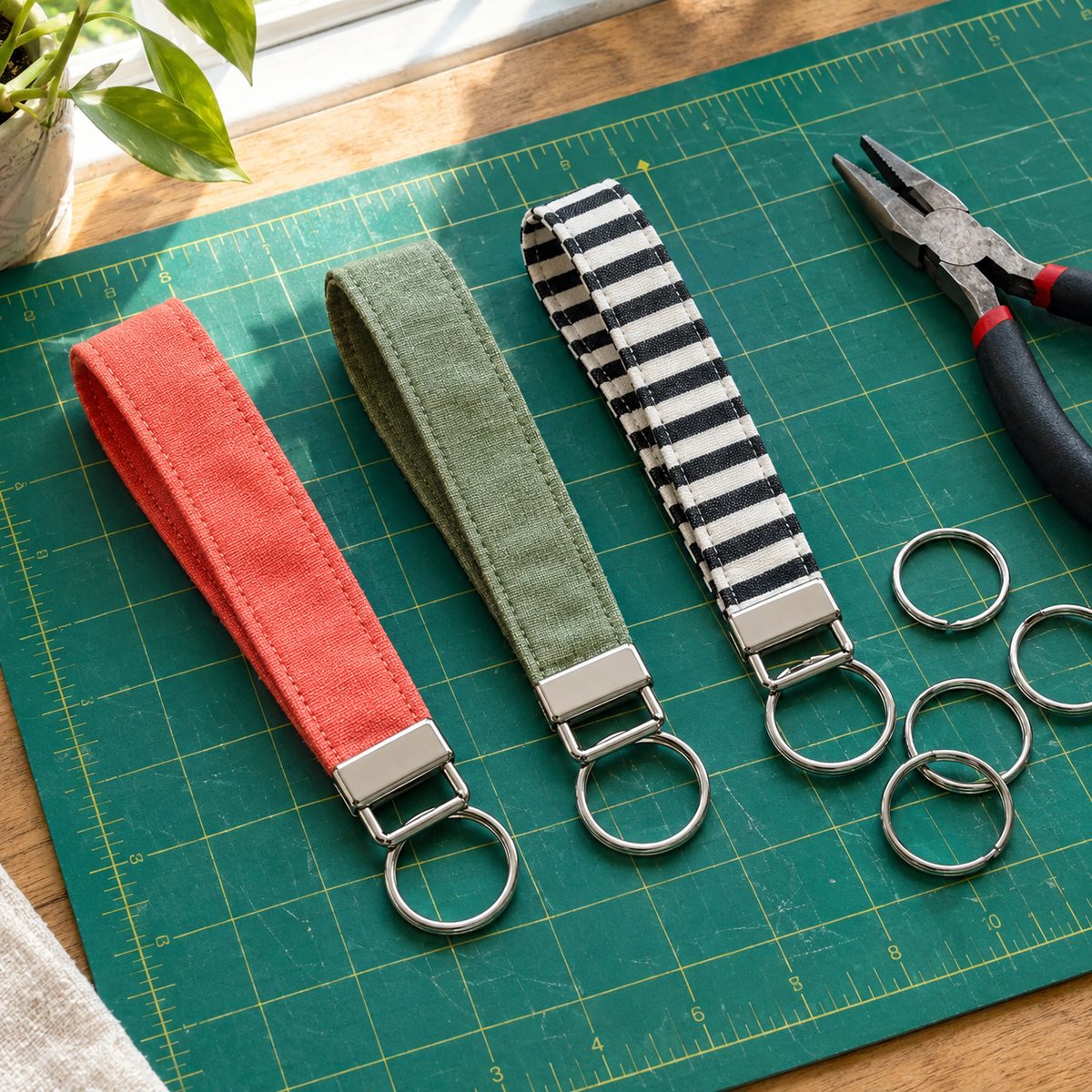 Three fabric key fob wristlets with silver hardware on a cutting mat