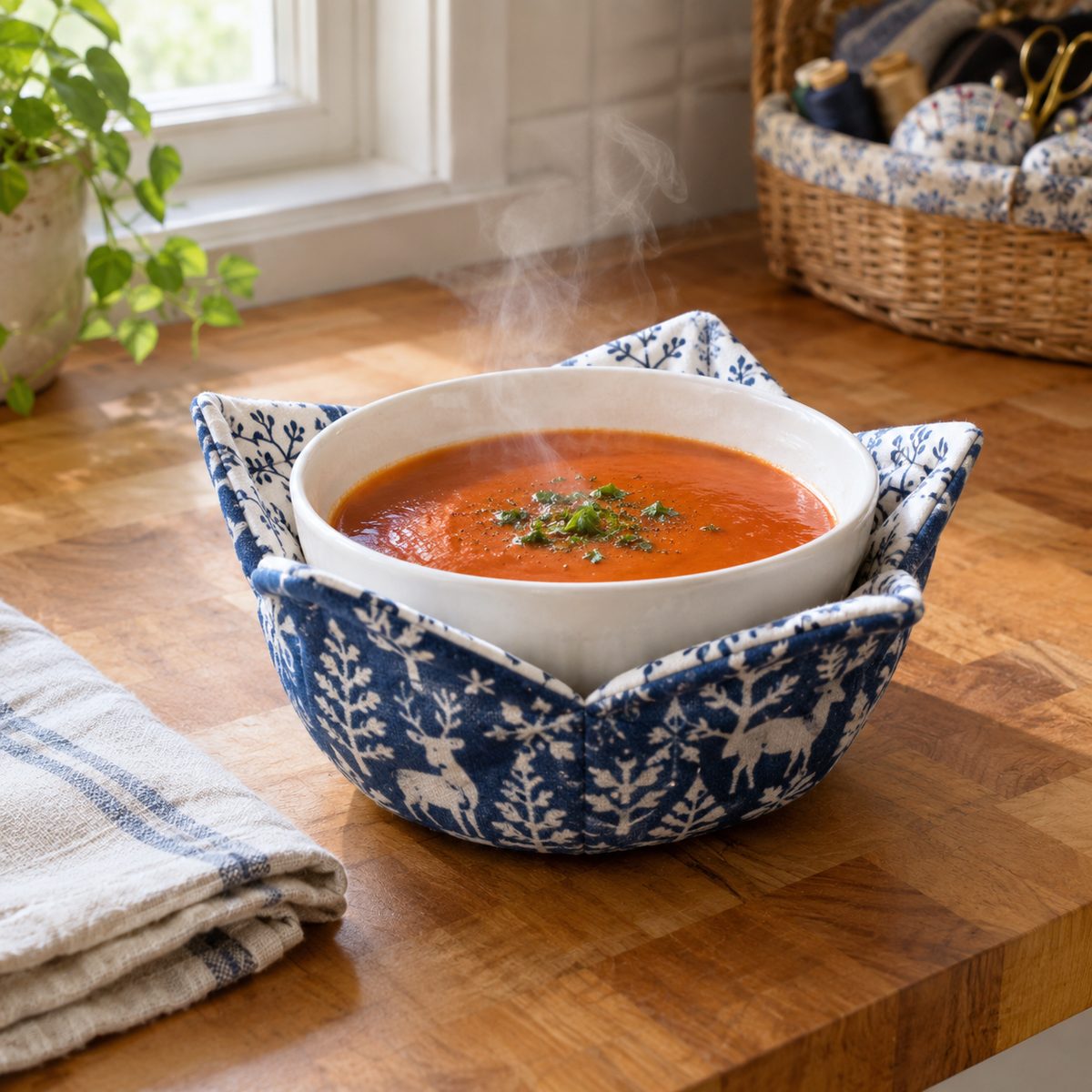 Blue and white fabric bowl cozy holding a bowl of soup