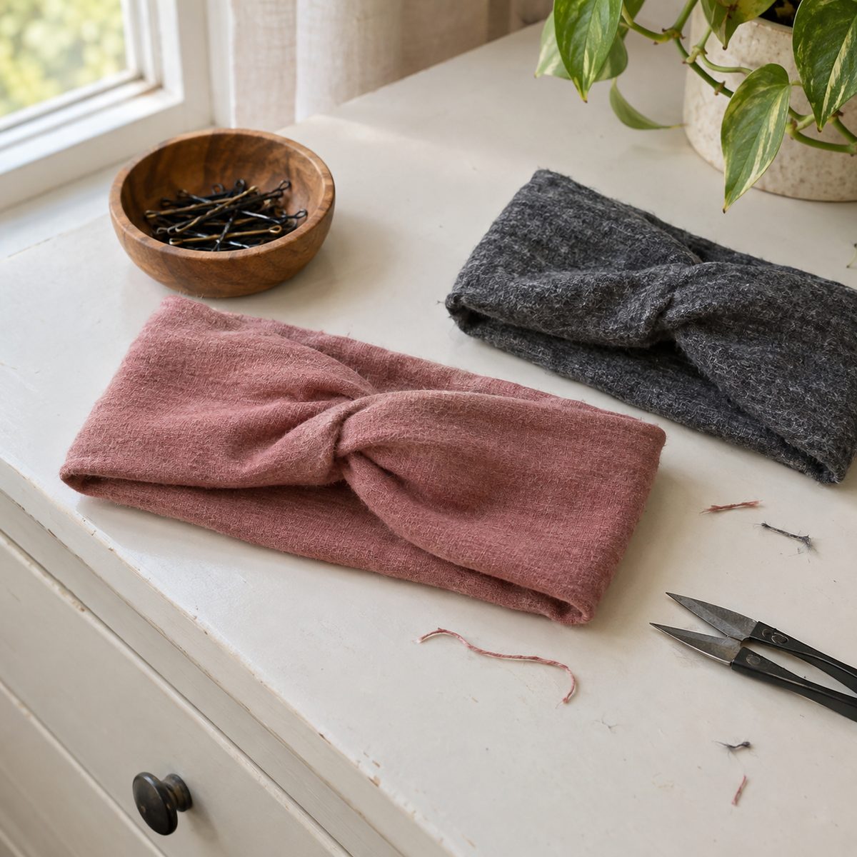 Dusty rose twist-front knit headband on a dresser