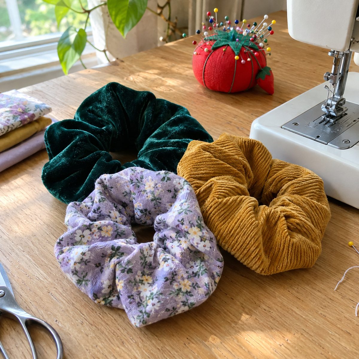 Pile of handmade scrunchies in velvet, corduroy and floral cotton