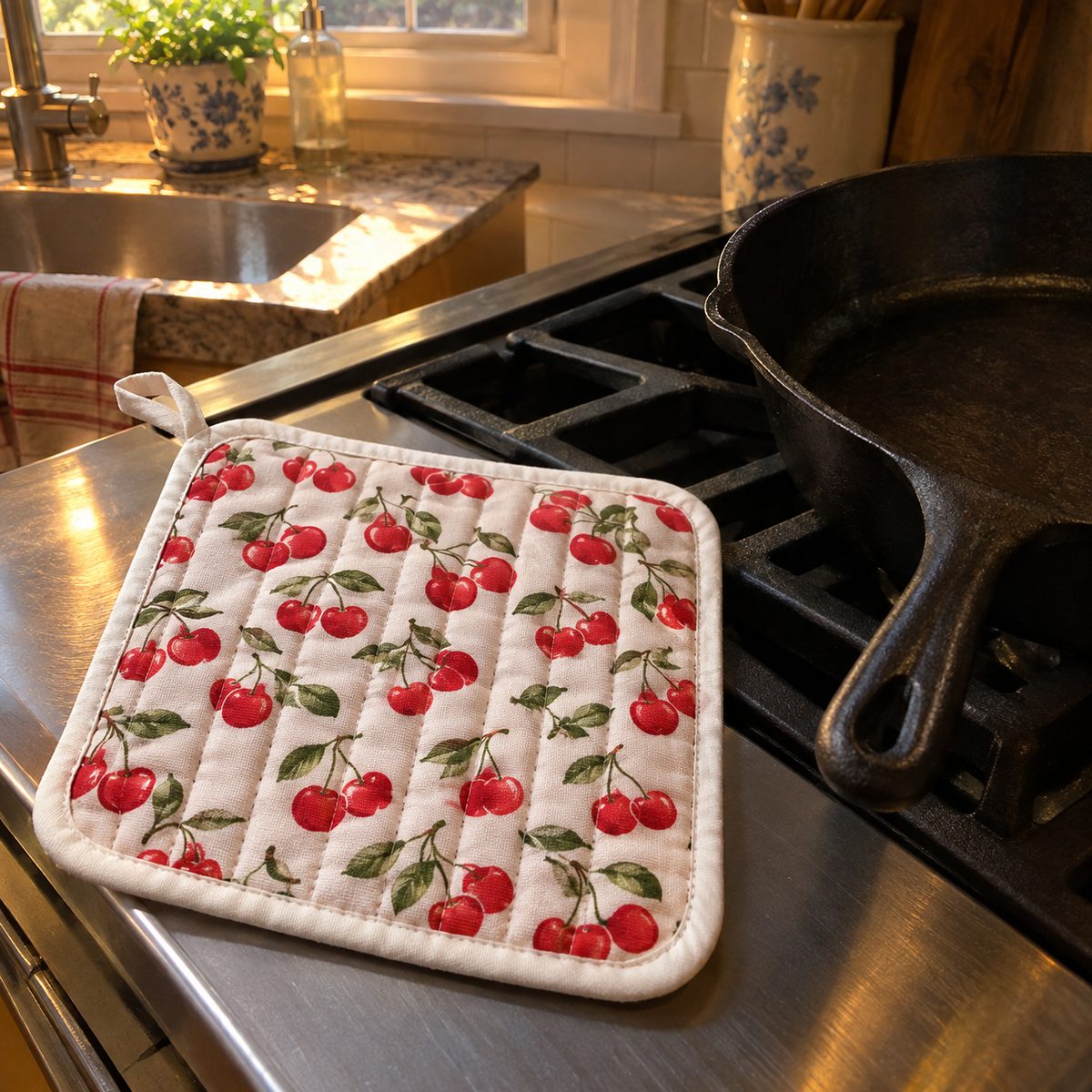 Red cherry print quilted pot holder beside a cast iron skillet
