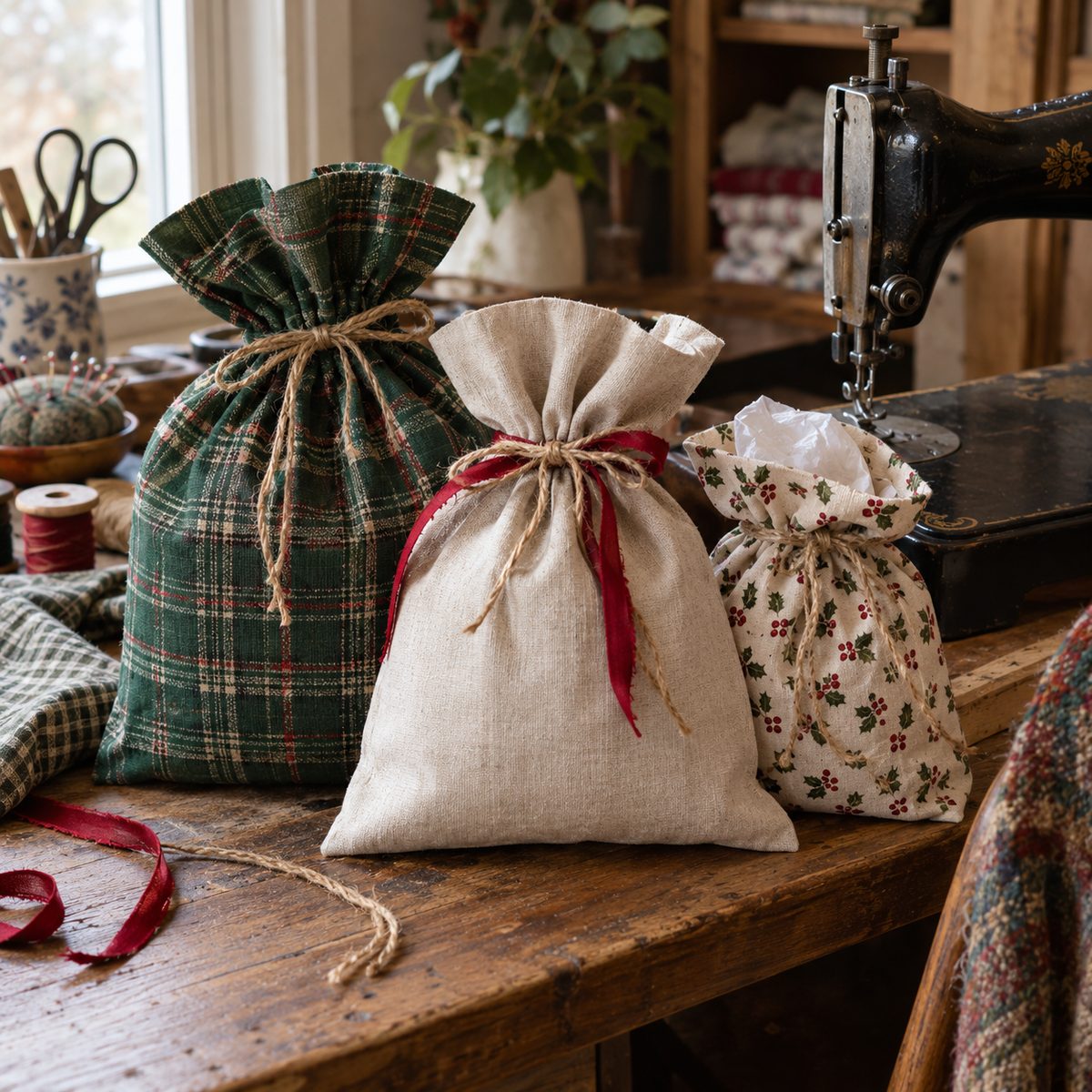 Three fabric drawstring gift bags in plaid, linen and holly prints