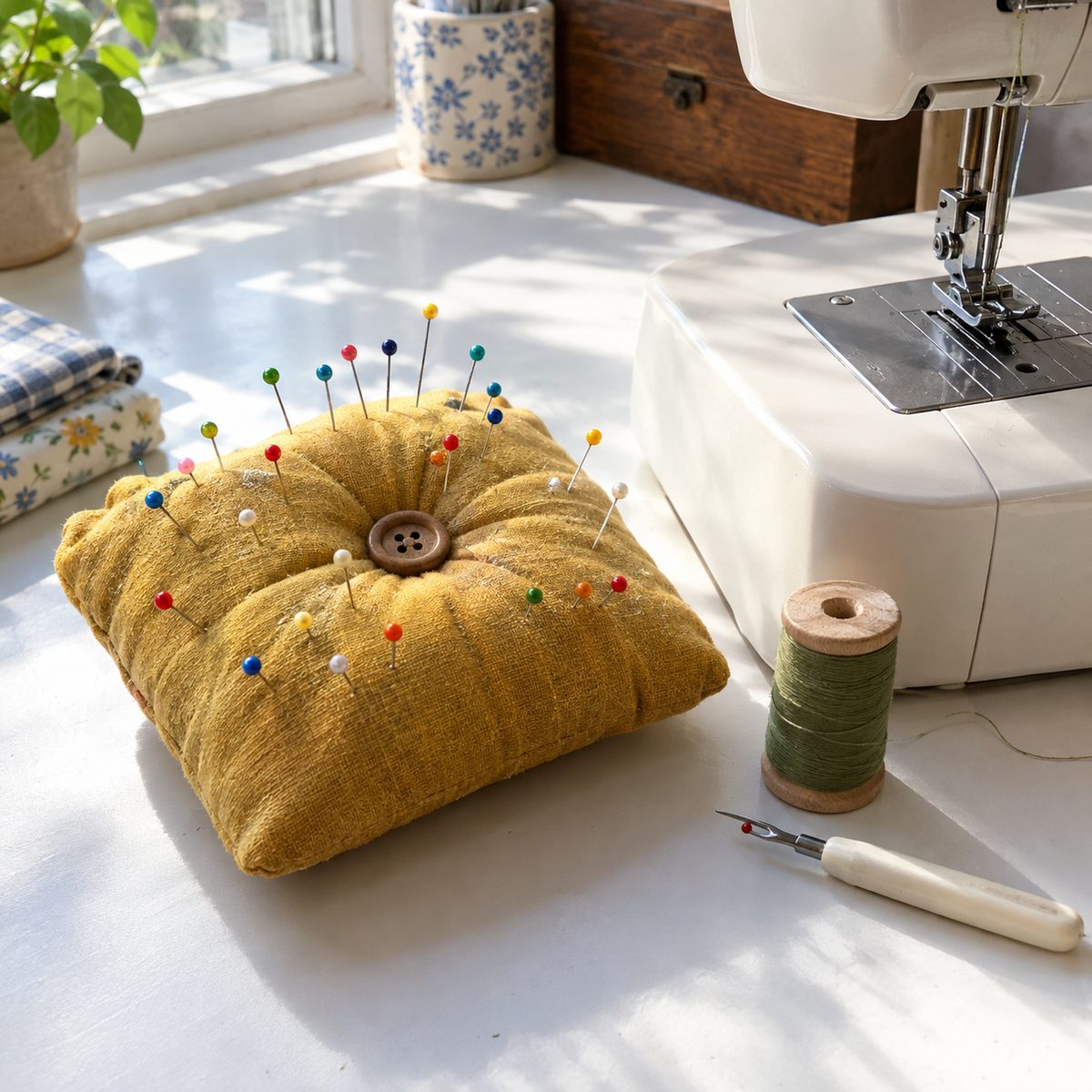 Mustard linen square pincushion with a tufted button center