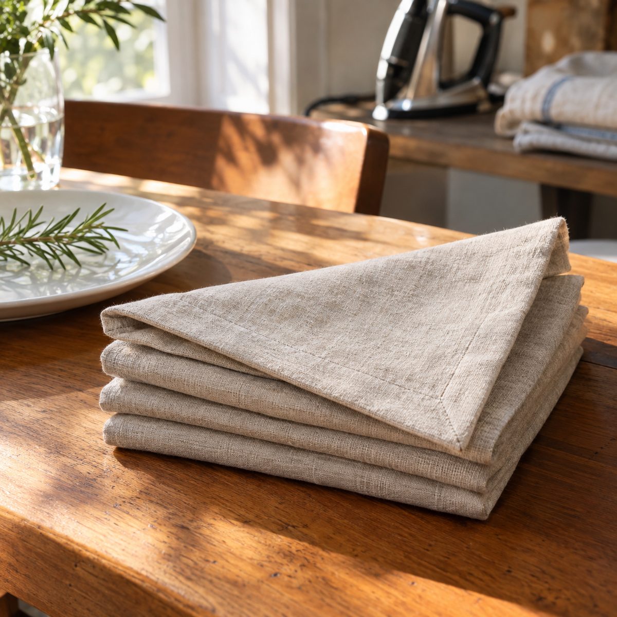 Stack of oatmeal linen cloth napkins with mitered corners
