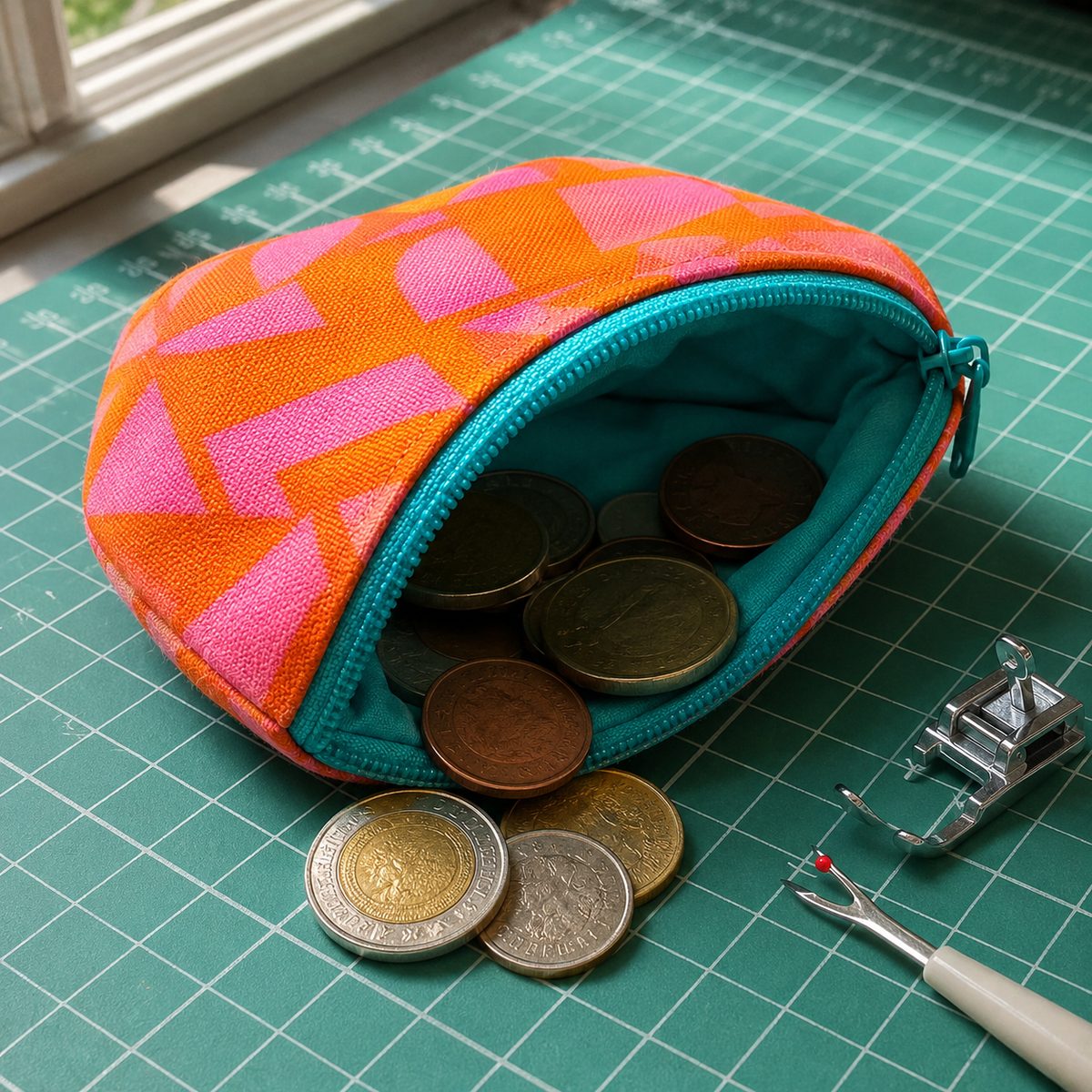Small zippered coin pouch in an orange and pink geometric print
