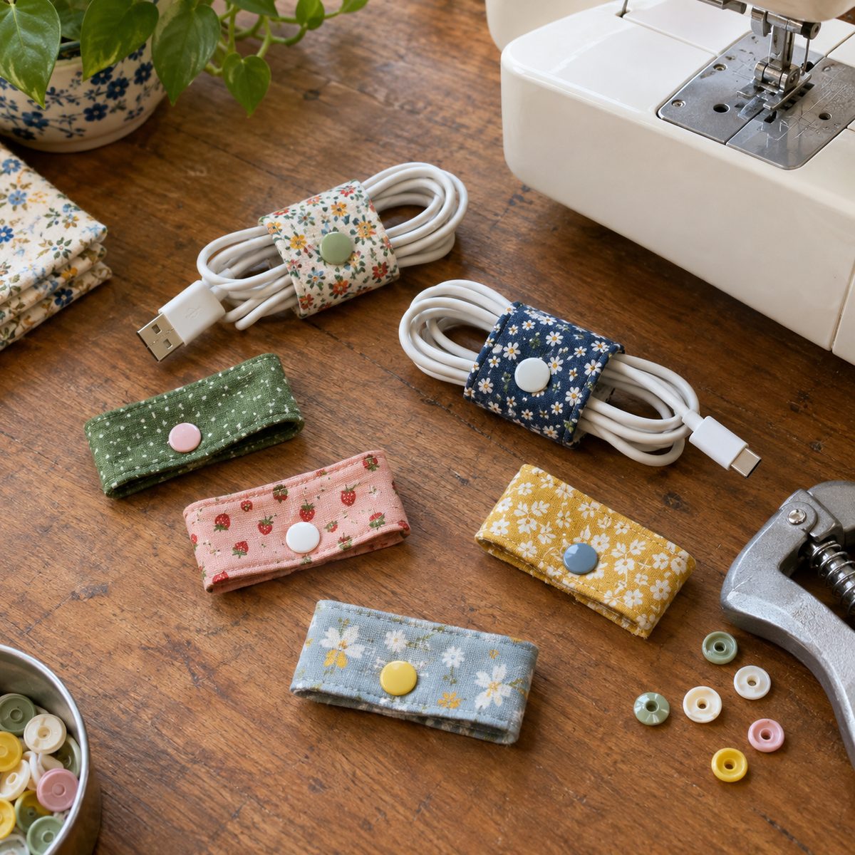 Six fabric cord keepers wrapped around charging cables